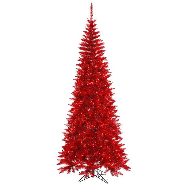 7.5' x 40" Tinsel Red Slim Tree with 500 Red Lights