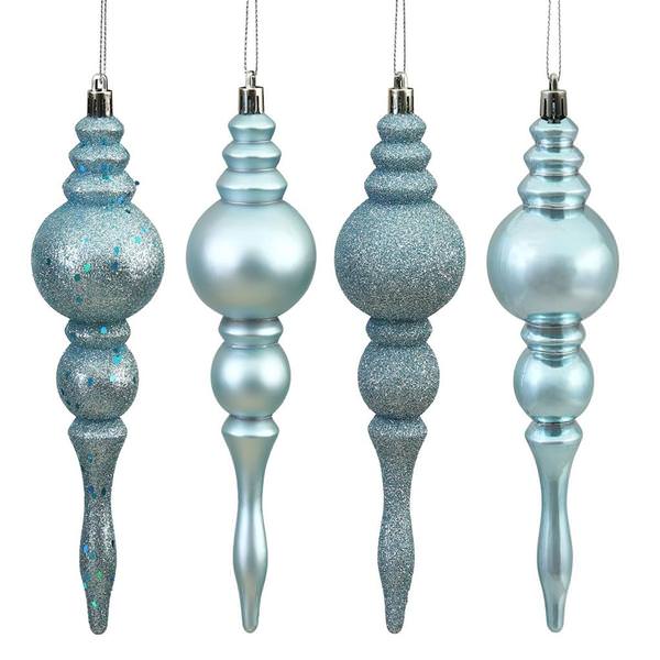7" Baby Blue Finial 4 Assorted Finish Ornament (set of 8)