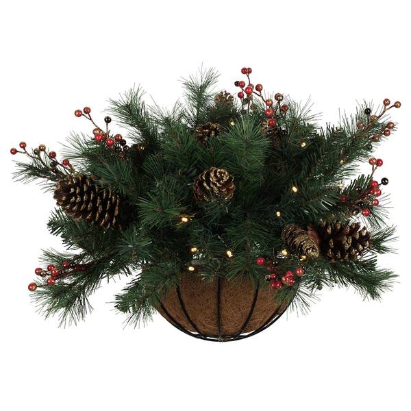 18" x 24" Artificial Mixed Pine Wall Basket 35 Warm White Battery Operated Lights with Timer