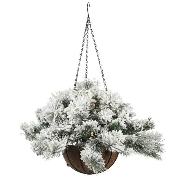 19" x 30" Artificial Flocked Mixed Pine Hanging Basket 35 Warm White Battery Operated Lights with Timer