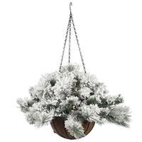Vickerman 19" x 30" Artificial Flocked Mixed Pine Hanging Basket 35 Warm White Battery Operated Lights with Timer