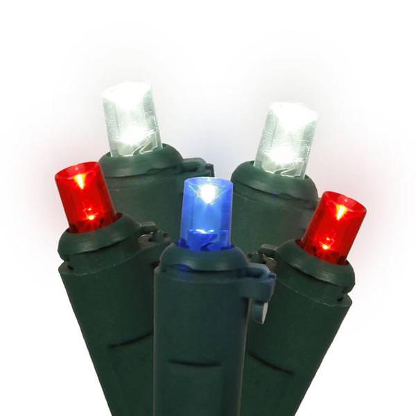 70 Light 35' Green Wire Red / White / Blue Wide Angle LED Lights with 6" Spacing