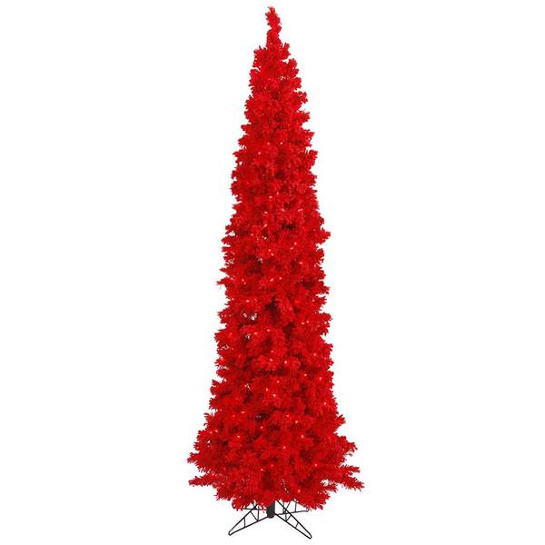 7.5' x 35" Flocked Red Pencil Tree with 300 Red LED Lights