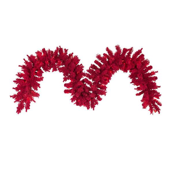 9' Artificial Flocked Red Garland with 100 Red LED Lights