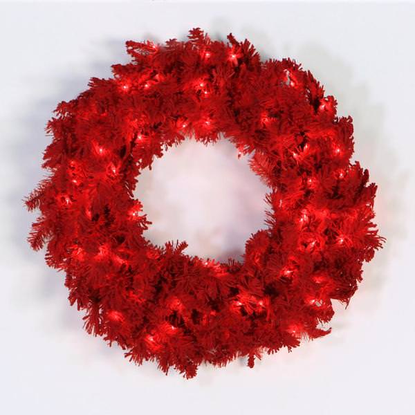 24" Artificial Flocked Red Wreath 50 Red LED Lights