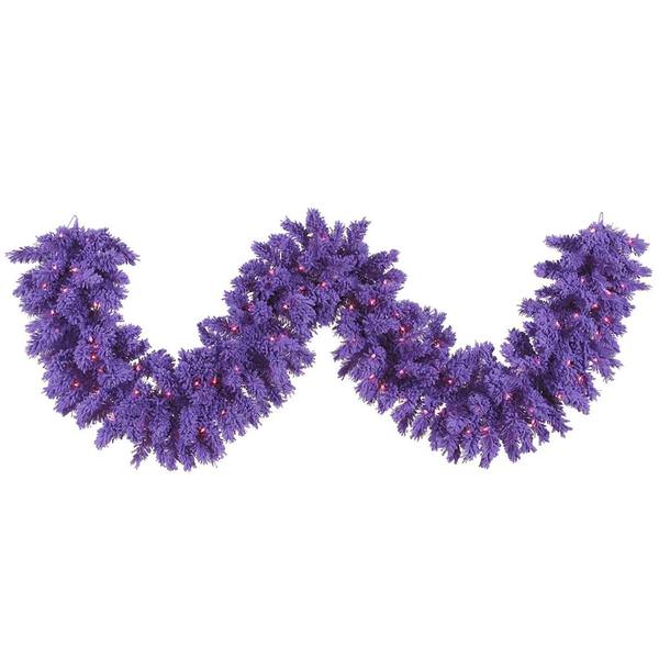 9' Artificial Flocked Purple Garland with 100 Purple Lights