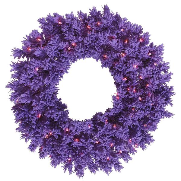 36" Artificial Flocked Purple Wreath 100 Purple LED Lights