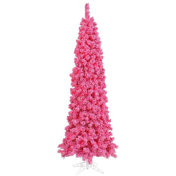 9' x 43" Flocked Pink Pencil Tree with 400 Pink LED Lights
