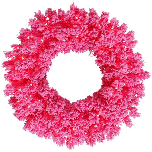 30" Artificial Flocked Pink Wreath 100 Pink LED Lights
