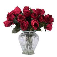 Vickerman 16" Artificial Red Rose Arrrangement Glass Cylinder Vase