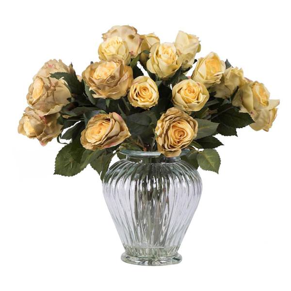 16" Artificial Green Rose Arrrangement Glass Cyclinder Vase
