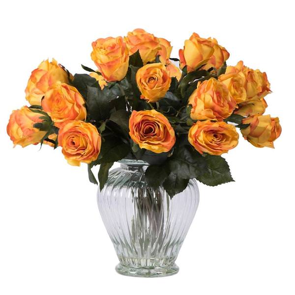 16" Artificial Orange Rose Arrrangement Glass Cyclinder Vase