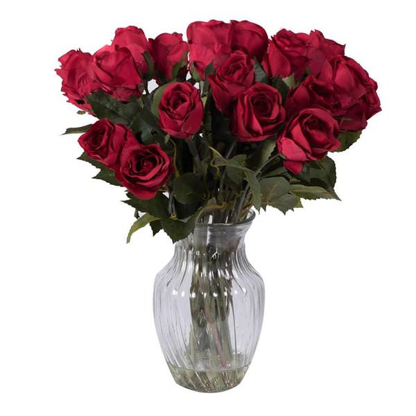 16" Artificial Red Rose Blossoms in Glass Vase with Acrylic Water