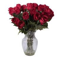 Vickerman 16" Artificial Red Rose Blossoms in Glass Vase with Acrylic Water