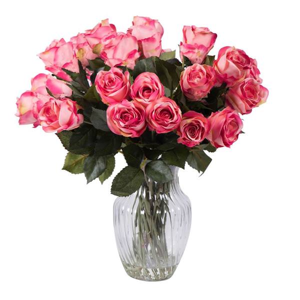 16" Artificial Beauty Rose Blossoms in Glass Vase with Acrylic Water