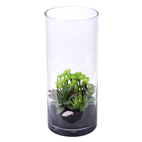 14" Artificial Succulent Arrangement in Modern Glass Cyclinder Vase