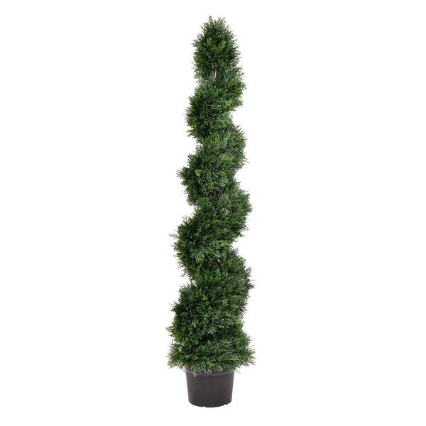 60" Artificial Cedar Spiral Topiary Potted in a Black Planters Pot