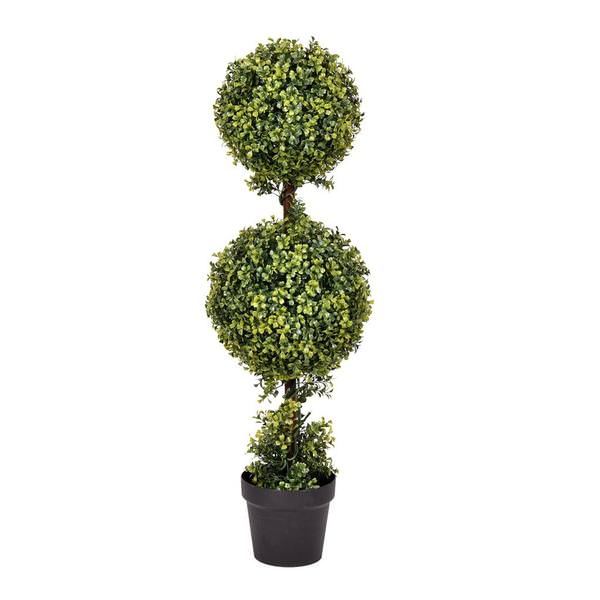 36" Artificial Double Ball Green Boxwood Topiary in Black Planters Pot