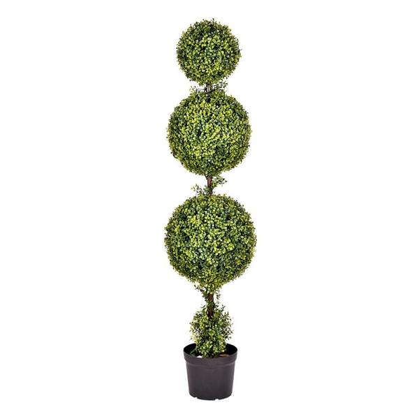 60" Artificial Boxwood Triple Ball Topiary Potted in a Black Planters Pot