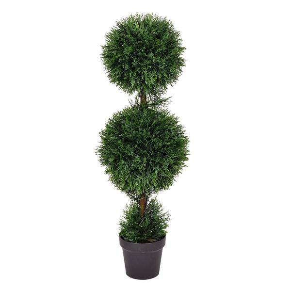 36" Artificial Double Ball Green Cedar Topiary in Black Planters Pot