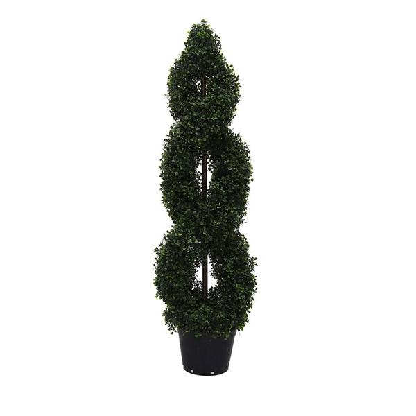 48" Artificial Boxwood Double Spiral Topiary Potted in a Black Planters Pot