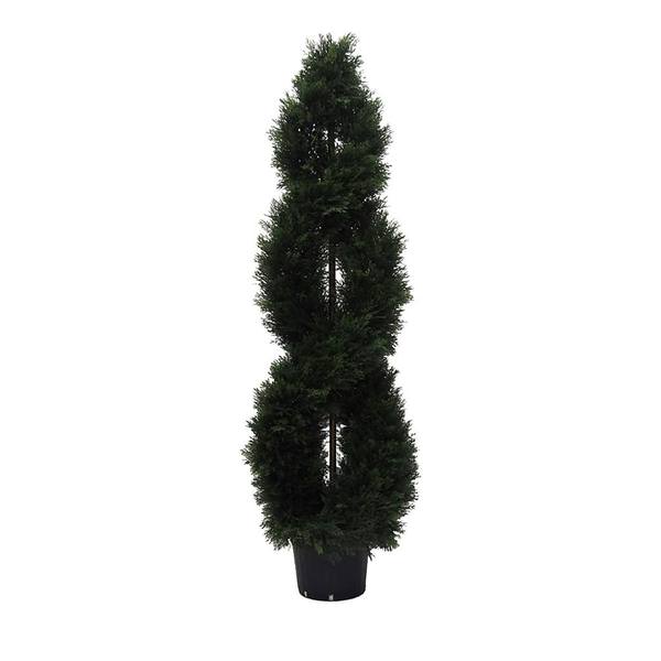 60" Artificial Cedar Double Spiral Topiary Potted in a Black Planters Pot
