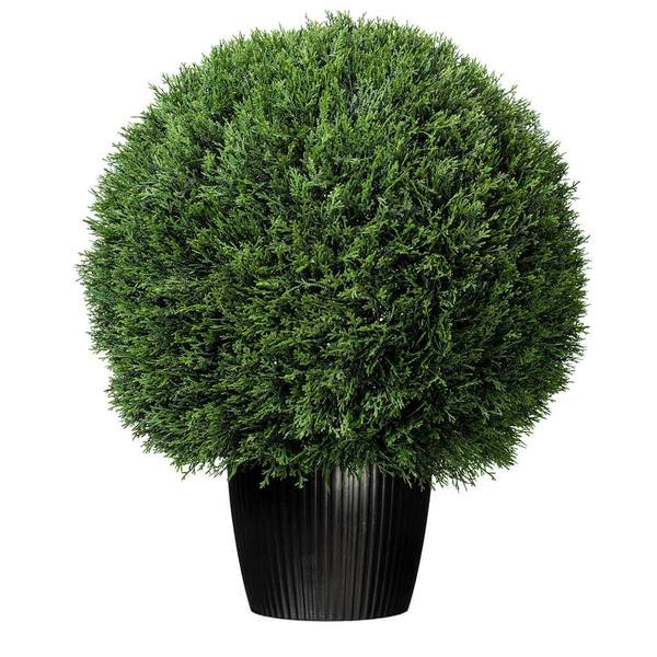 24" Artificial Cedar Ball Topiary Potted in a Black Planters Pot