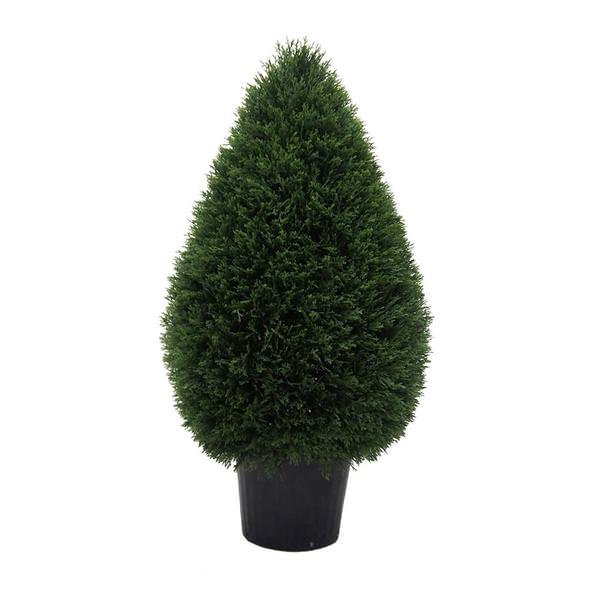 36" Artificial Cedar Teardrop Topiary Potted in a Black Planters Pot