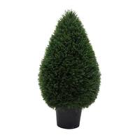 Vickerman 36" Artificial Cedar Teardrop Topiary Potted in a Black Planters Pot