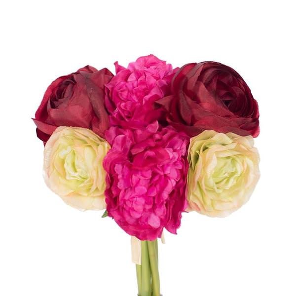 8" Artificial Burgundy / Fuschia / Green Ranunculus / Peony Mixed Stem Bundle
