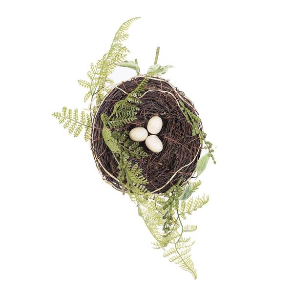 7" Artificial Green/Burgundy Grapveine Nest Accented with Eggs & Fern