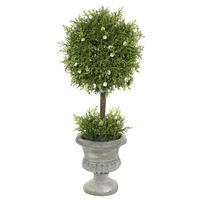 Vickerman 15" Artificial Ball Shape Oregon Juniper Topiary in Grey Pedestal Urn
