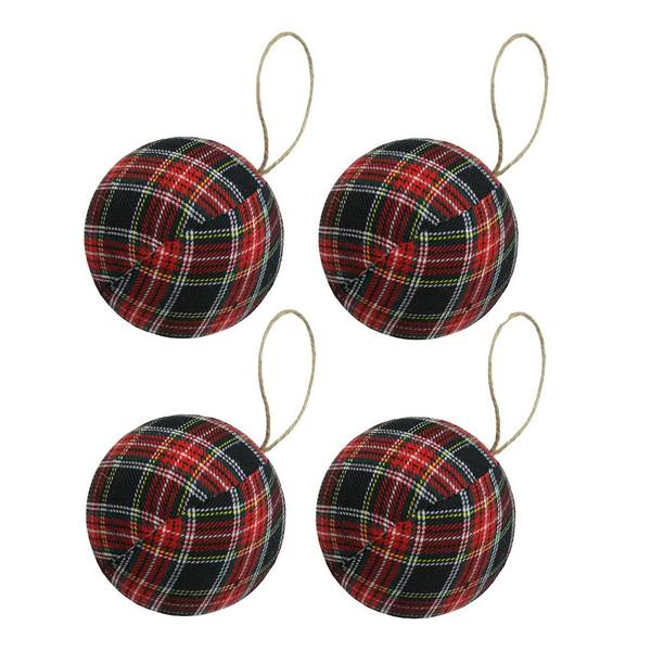 4" Red/Black Plaid Fabric Ball Ornament (Set of 4)