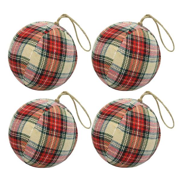 4" Red/Black Plaid Fabric Ball Ornament (4 pack)