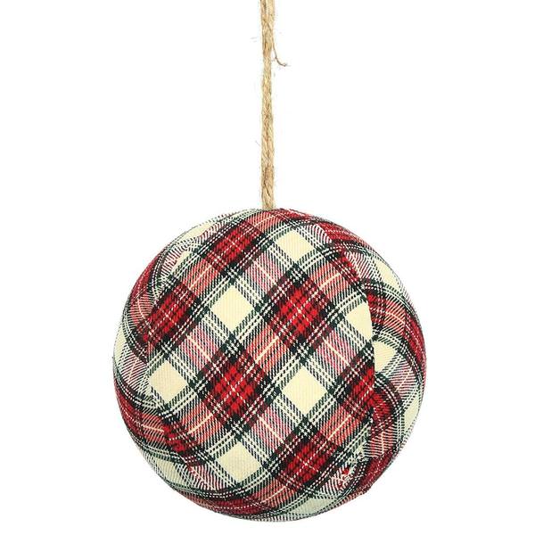 5" Red/White Plaid Fabric Ball  Ornament (2 pack)