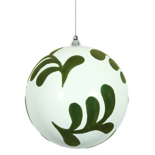 5.5" Matte White Ball Ornament with Green Flocked Leaf Pattern Christmas Ornament (4 pack)