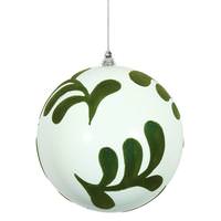 Vickerman 5.5" Matte White Ball Ornament with Green Flocked Leaf Pattern Christmas Ornament (4 pack)