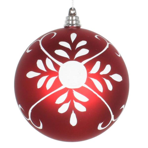 4" Red/White Matte White Floral Pattern Ball Ornament (4 pack)