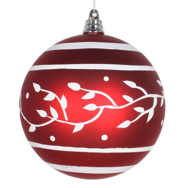 4" Red/White Matte White Floral Pattern Ball Ornament (4 pack)