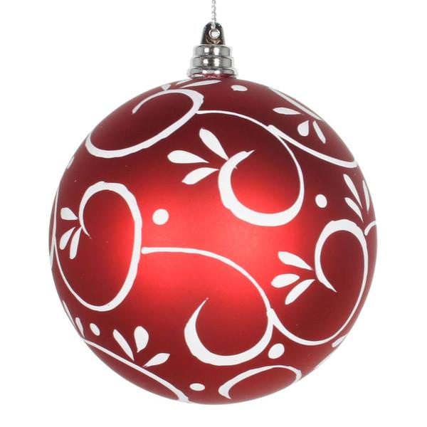 4" Red/White Matte White Floral Pattern Ball Ornament (4 pack)
