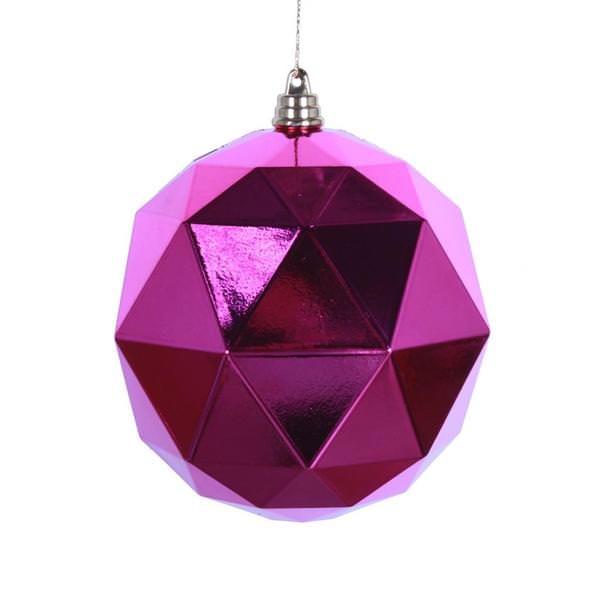 6" Fuchsia Shiny Geometric Ball Ornament (4 pack)