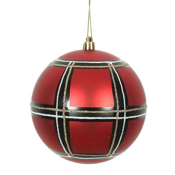 4.75" Red/White/Black Plaid Ball Ornament (4 pack)