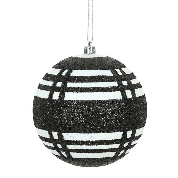 3" Black / White Assorted Plaid Ball Ornament (6 pack)