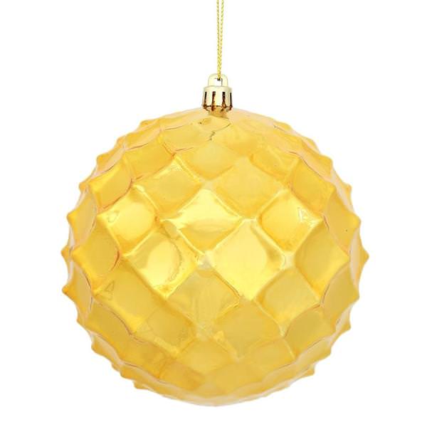 4" Antique Gold Shiny Diamond Bauble Ornament (6 pack)