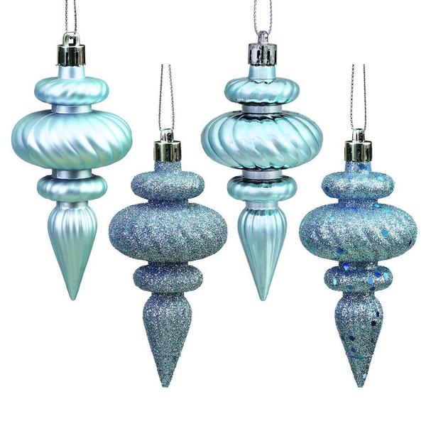 4" Baby Blue 4 Assorted Finish Finial Ornament (Set of 8)