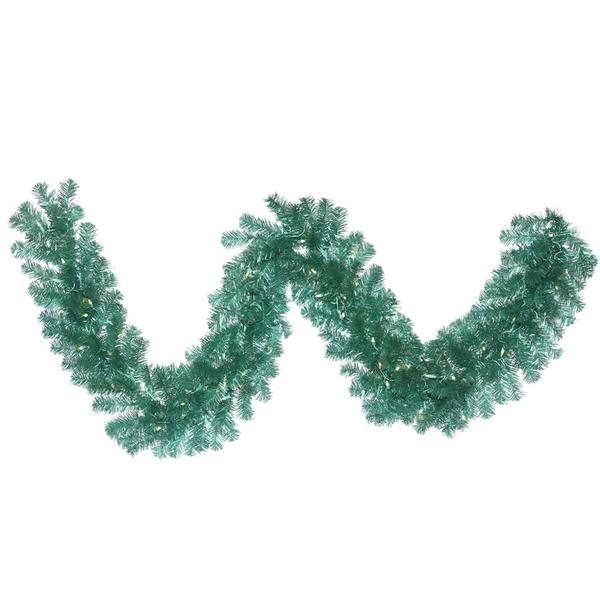 9' Artificial Teal Pine Garland with 70 Sky Blue LED Lights
