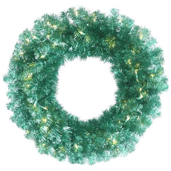30" Artificial Teal Pine Wreath 70 Sky Blue LED Lights