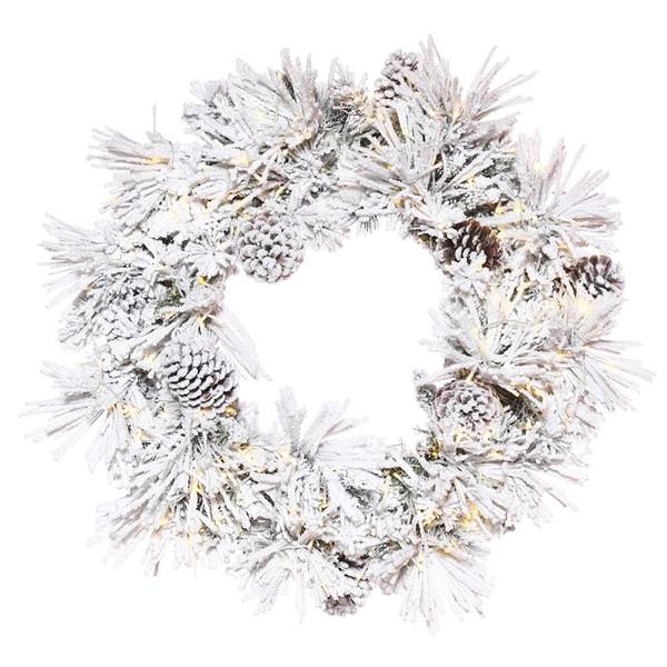 24" Artificial Flocked Atka Pine Wreath 150 Warm White LED Lights