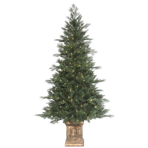 6' x 40" Artificial Potted Cedar Mixed Pine 300 Warm White LED Lights