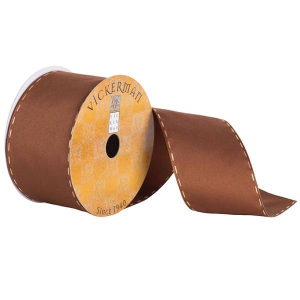 2.5" x 10yd Brown Ribbon with Wired and Stitched Edge 